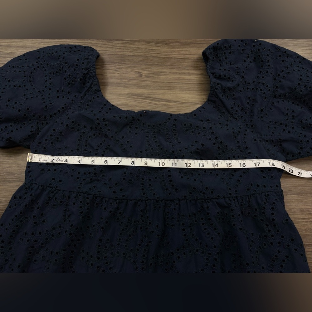 Time and Tru Women's Eyelet Dress with Puff Sleeves, Size XL Navy - Picture 6 of 11